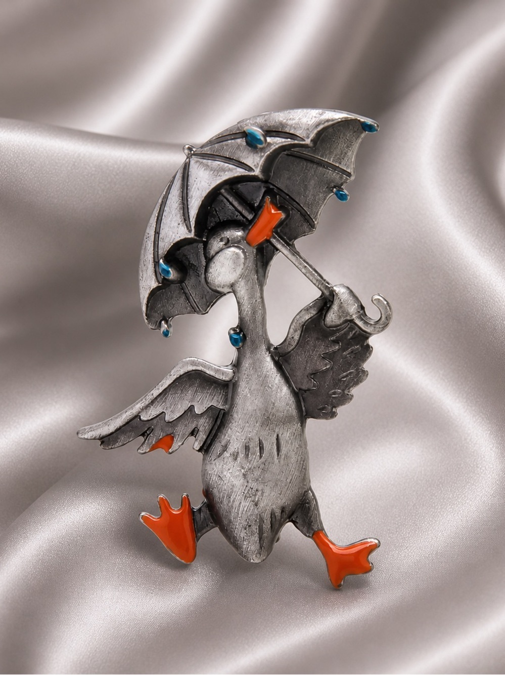 Cute Silver Duck Umbrella Brooch